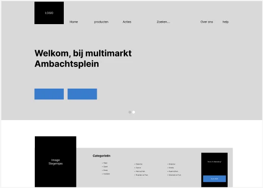 Lo-fi wireframe van de Multimarkt Ambachtsplein homepage, met hoofdnavigatie en categorieën.