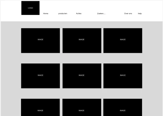 Lo-fi wireframe van het productoverzicht, met een grid van categoriekaarten.