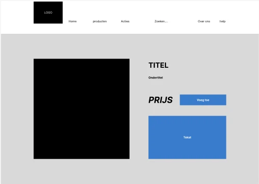 Lo-fi wireframe van een productpagina, met titel, prijs en een knop om toe te voegen.