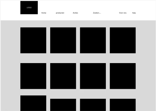 Lo-fi wireframe van de Kip-subcategorie, met een grid van losse productkaarten.