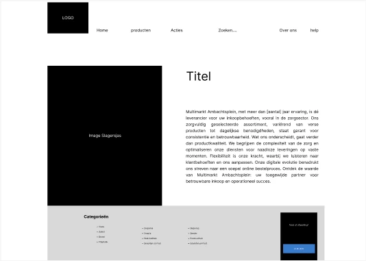 Lo-fi wireframe van de Over ons-pagina, met introductietekst en categorieën.