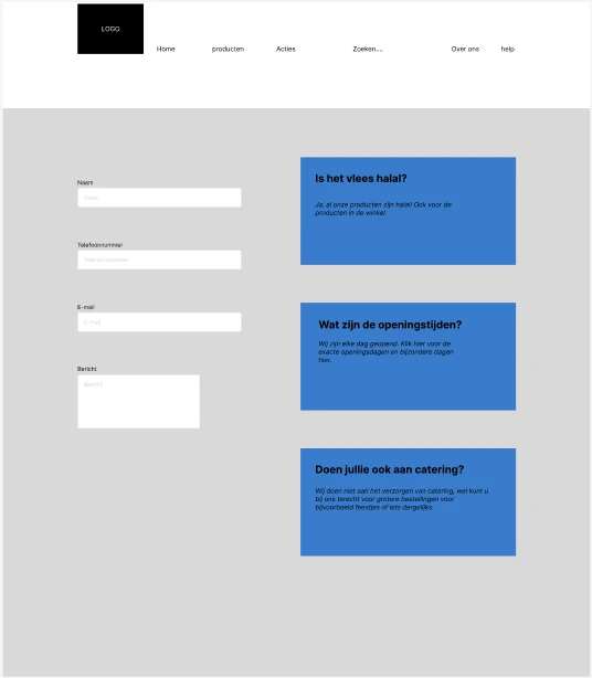 Lo-fi wireframe van de Help-pagina, met een contactformulier en veelgestelde vragen.