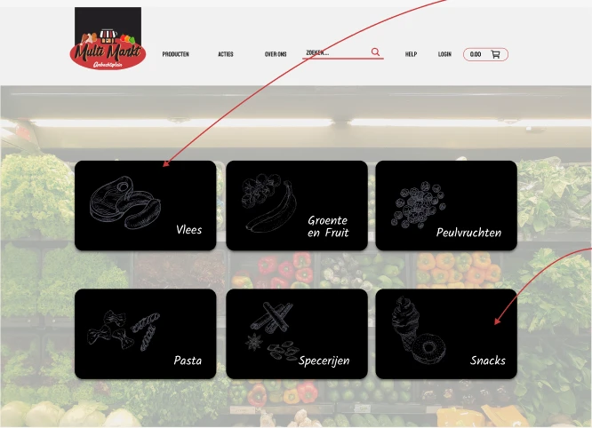 Hi-fi ontwerp van het productoverzicht, met categoriekaarten getekend als krijtbordjes.