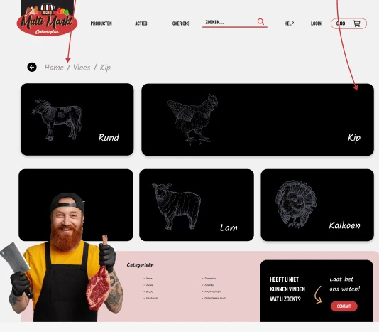 Hi-fi ontwerp van de Vlees-categoriepagina, met rund, kip, lam en kalkoen als losse kaarten.