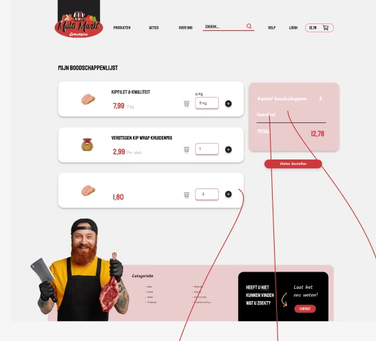 Hi-fi ontwerp van de boodschappenlijst, met producten, aantallen, voordeel en totaalbedrag.