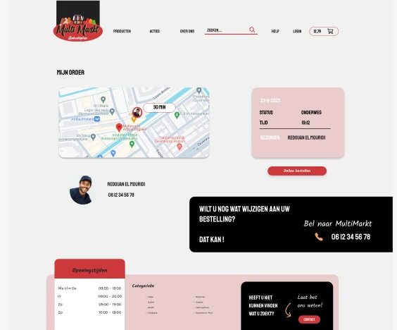 Hi-fi ontwerp van de orderpagina, met een kaart, aankomsttijd en contactgegevens van de bezorger.