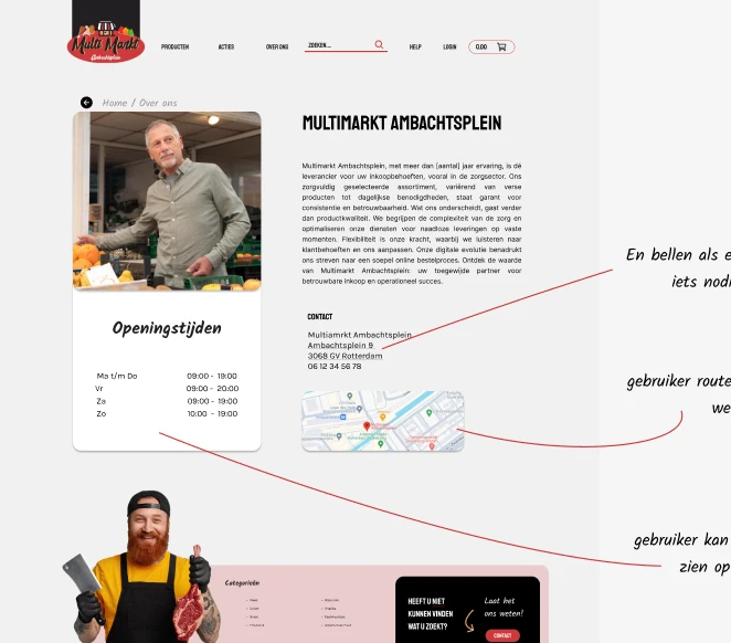 Hi-fi ontwerp van de Over ons-pagina, met een foto uit de winkel, openingstijden en een kaart.