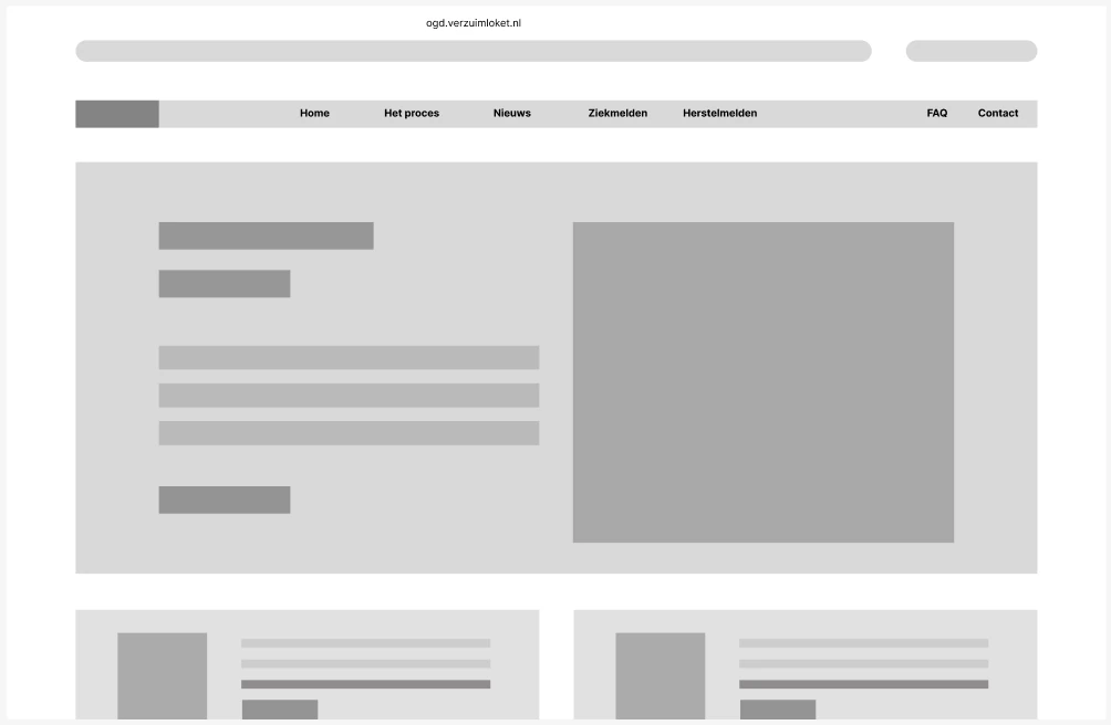 Lo-fi wireframe van de OGD Verzuimloket homepage, met navigatie naar Ziekmelden, Herstelmelden en Het proces.