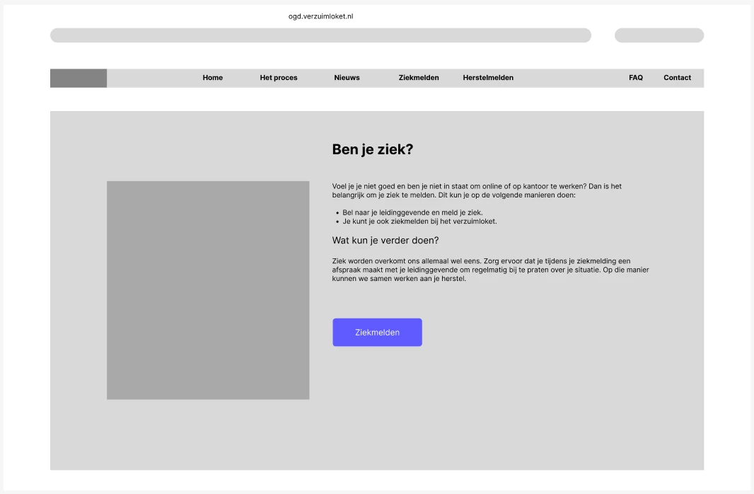 Lo-fi wireframe van de 'Ben je ziek?' pagina met uitleg over de eerste stappen.