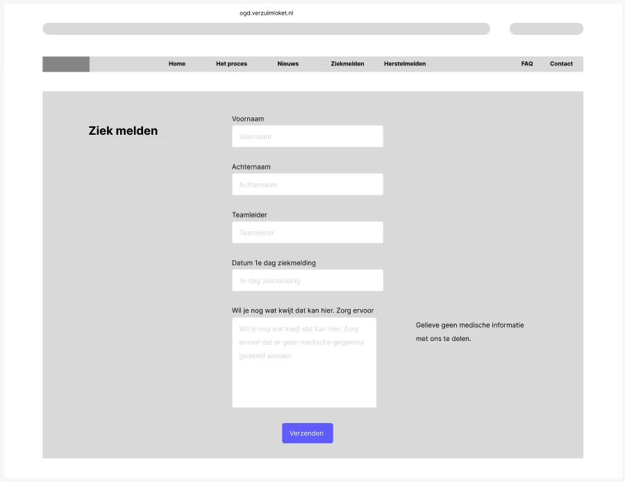 Lo-fi wireframe van het ziekmeldingsformulier, zonder velden voor medische informatie.