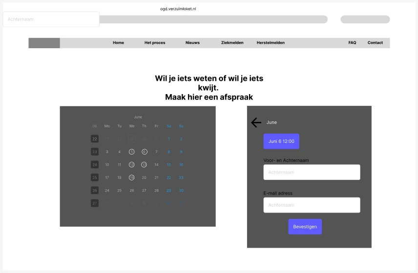 Lo-fi wireframe van de bevestigingspagina voor een ingeplande afspraak.