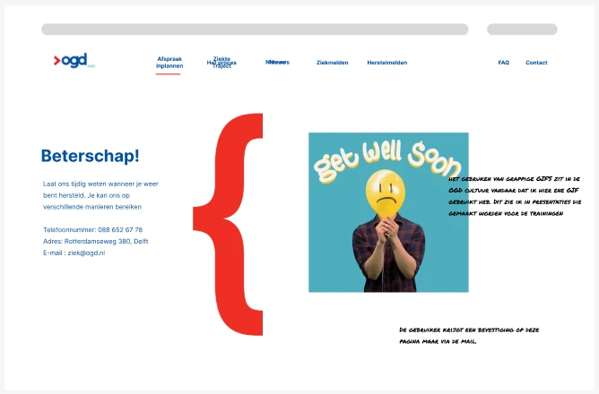 Hi-fi bevestigingspagina 'Beterschap!' na een ziekmelding, met een Get Well Soon GIF.