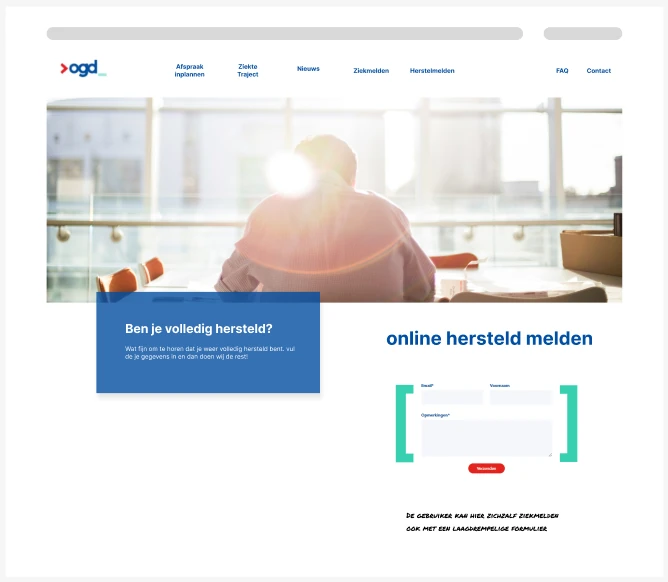 Hi-fi ontwerp van de 'Ben je volledig hersteld?' pagina met een online herstelmeldformulier.