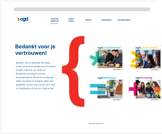 Hi-fi bedankpagina na het inplannen van een afspraak, met een samenvatting en OGD-diensten.